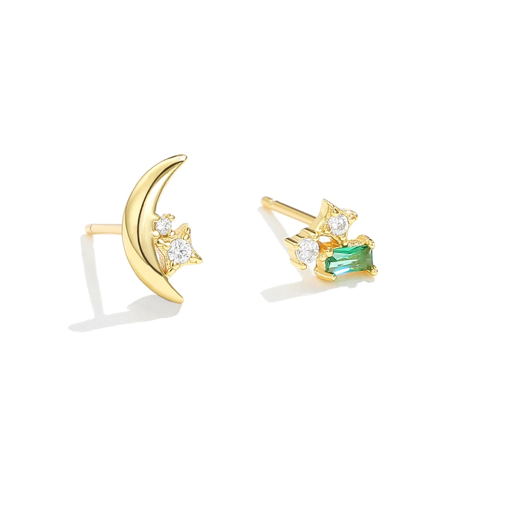 

ZEMIOR 925 Sterling Silver Jewelry Sparkling Star Moon Asymmetry Stud Earrings For Women Cute Zircon Golden Tiny Earring