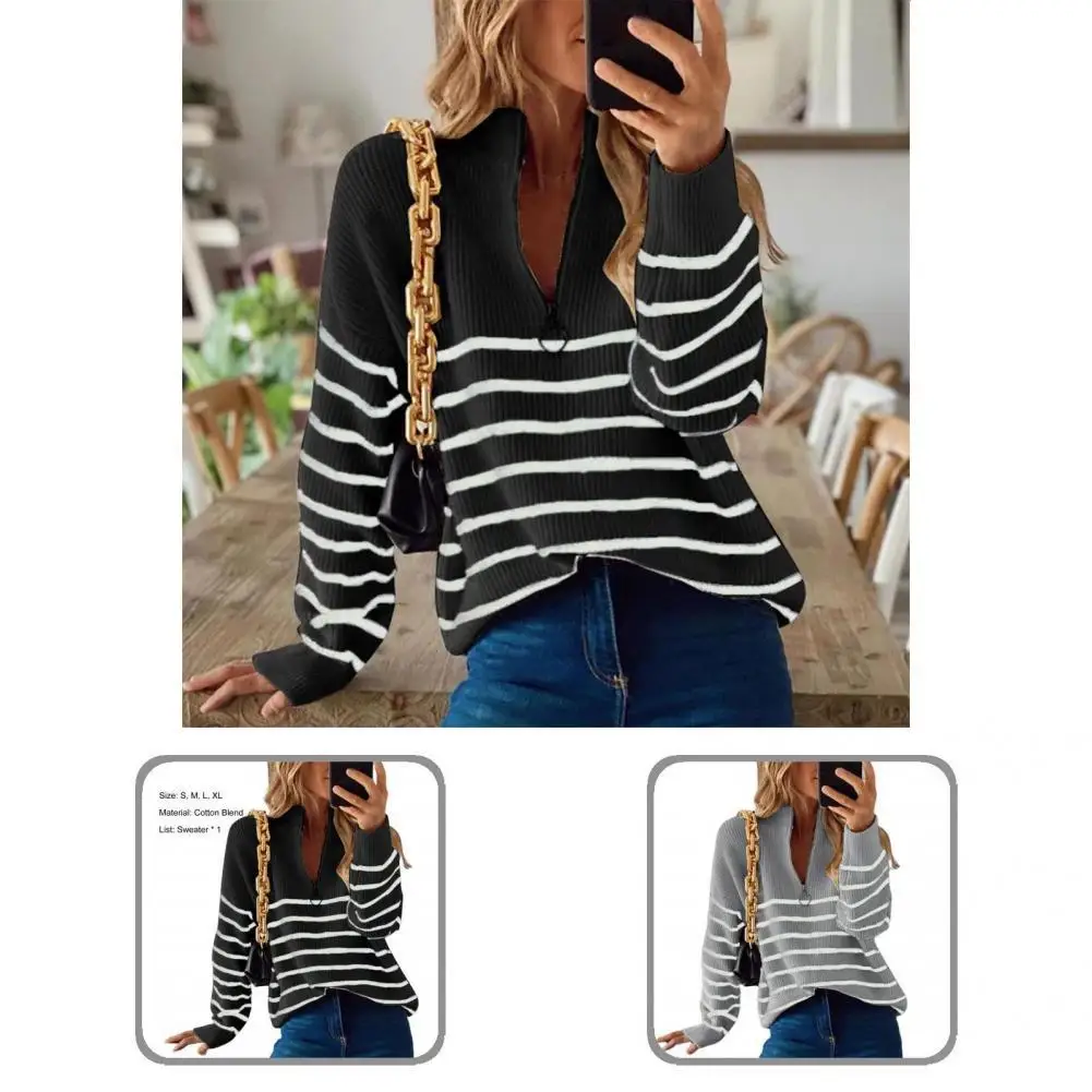 

Autumn Winter Casual Contrast Color Knitted Pullover Female Sweater Horizontal Stripes for Office