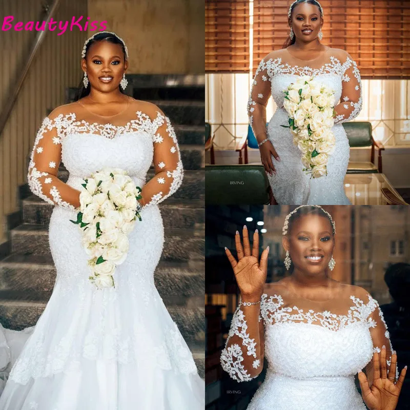 

Plus Size Mermaid Wedding Dresses Sheer O-Neck Lace Appliqued Long Sleeve Bridal Dress Luxury Beaded Sweep Train Wedding Gowns