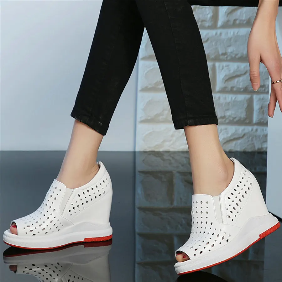 

Trainers Women Breathable Cow Leather Wedges High Heel Ankle Boots Female Open Toe Fashion Sneakers Summer Platform Pumps Shoes