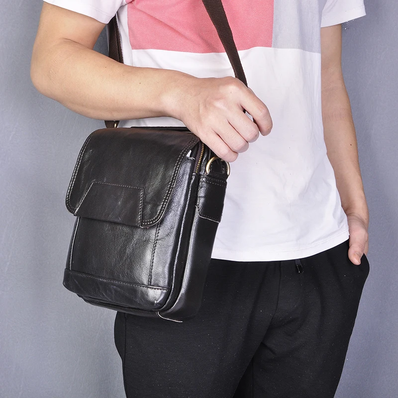 Genuine Leather Male Fashion Casual Tote Messenger Mochila bag Design Satchel Crossbody Shoulder 8" Tablet bag For Men 150-c