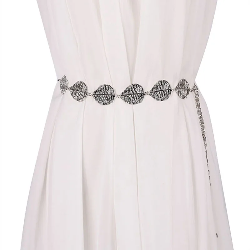 

Fashion Lady Girl Thin Gold Silver Metal Leaves Shape Wedding Designer Belts Metal Female Belt Women Girl Stretch Skinny Belt