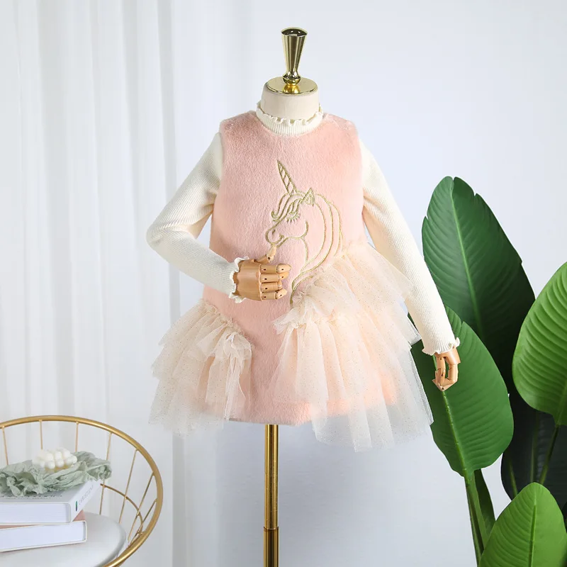 Lolita Girls Faux Fur Unicorn Vest Dress for Kids Fall Winter Clothing Ruffles Sweet Unicorio Baby Girl Christmas Costume | Детская