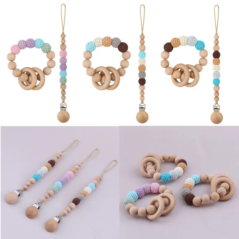 

1 Set Crochet Baby Teether BPA Free Wooden Beads Newborn Teething Bracelet with Pacifier Clip Chain Rodents Molar Nursing Toys