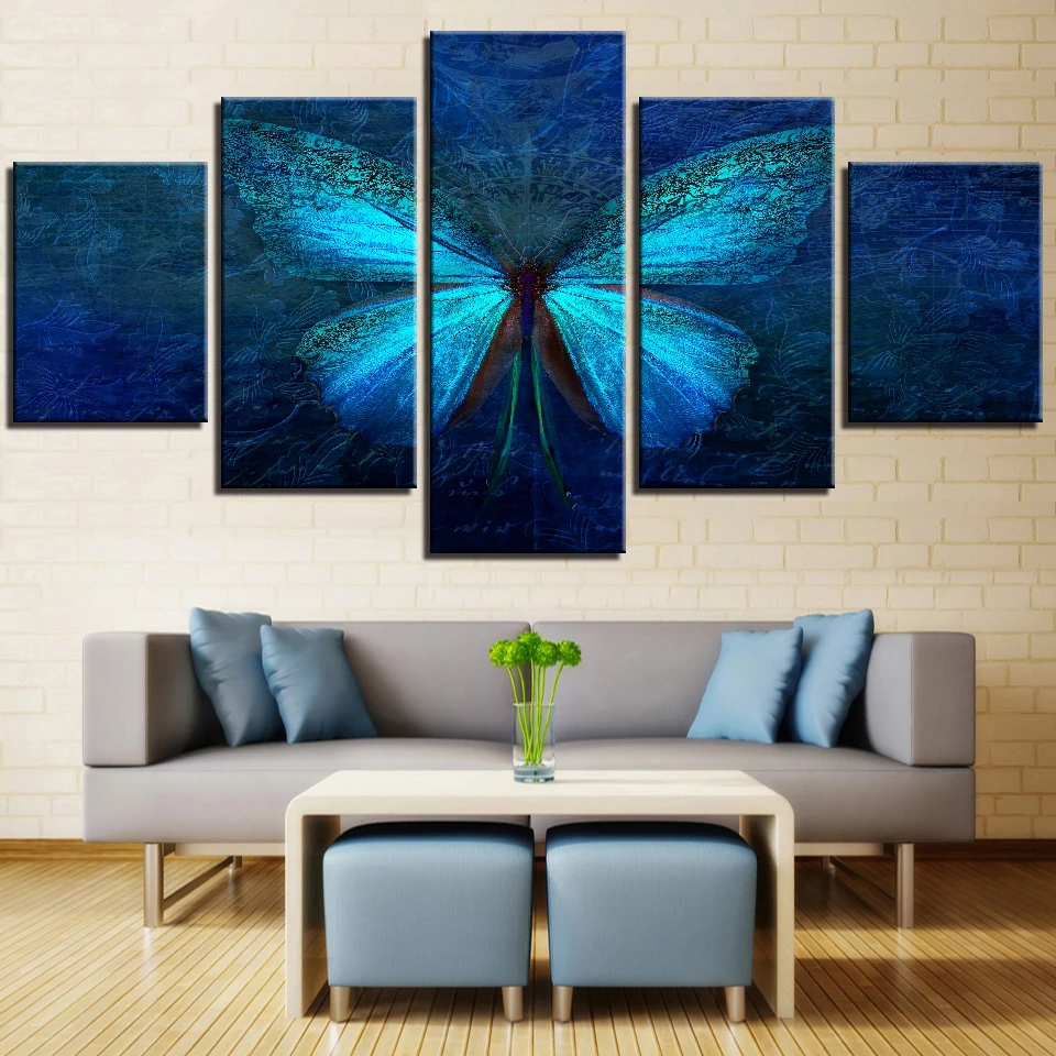 Modern Painting 5 Pieces Combined Insect Ancient Posters Blue Butterfly Canvas Printings Wall Picture for Living Room/Home Decor | Дом и сад