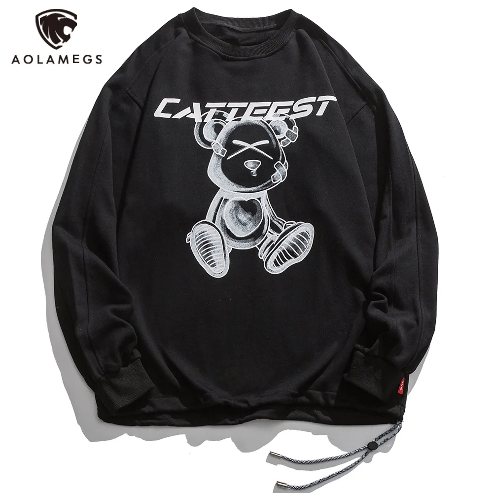 

Aolamegs Hip Hop Sweatshirts Men Cartoon Bear Print Pullover High Street Harajuku Streetwear Couple Oversized Cozy Hoodie Autumn