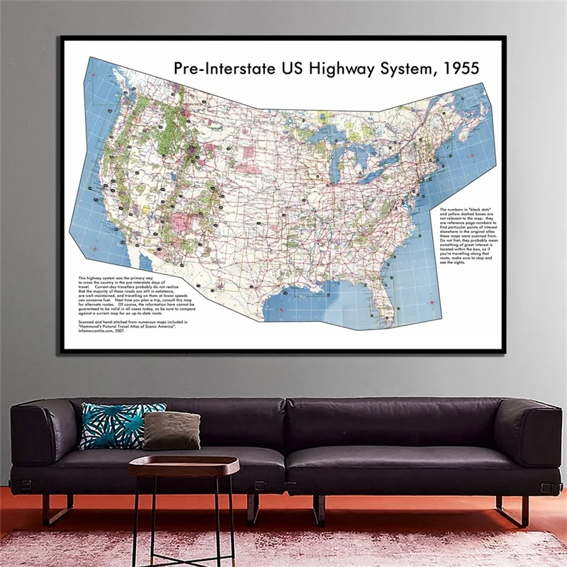 

World Wall Map A2 Pre-interstate US High Way System 1955 Wall Paper Classic Edition World Map Poster for Education Office Decor
