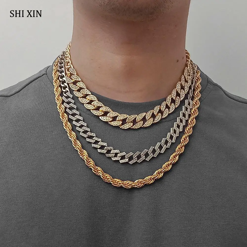 

SHIXIN Layered Iced Out Rhinestones Chain Necklace Set Men/Women Chunky Cuban Link Chain on Neck Choker Necklace Hip Hop Jewelry