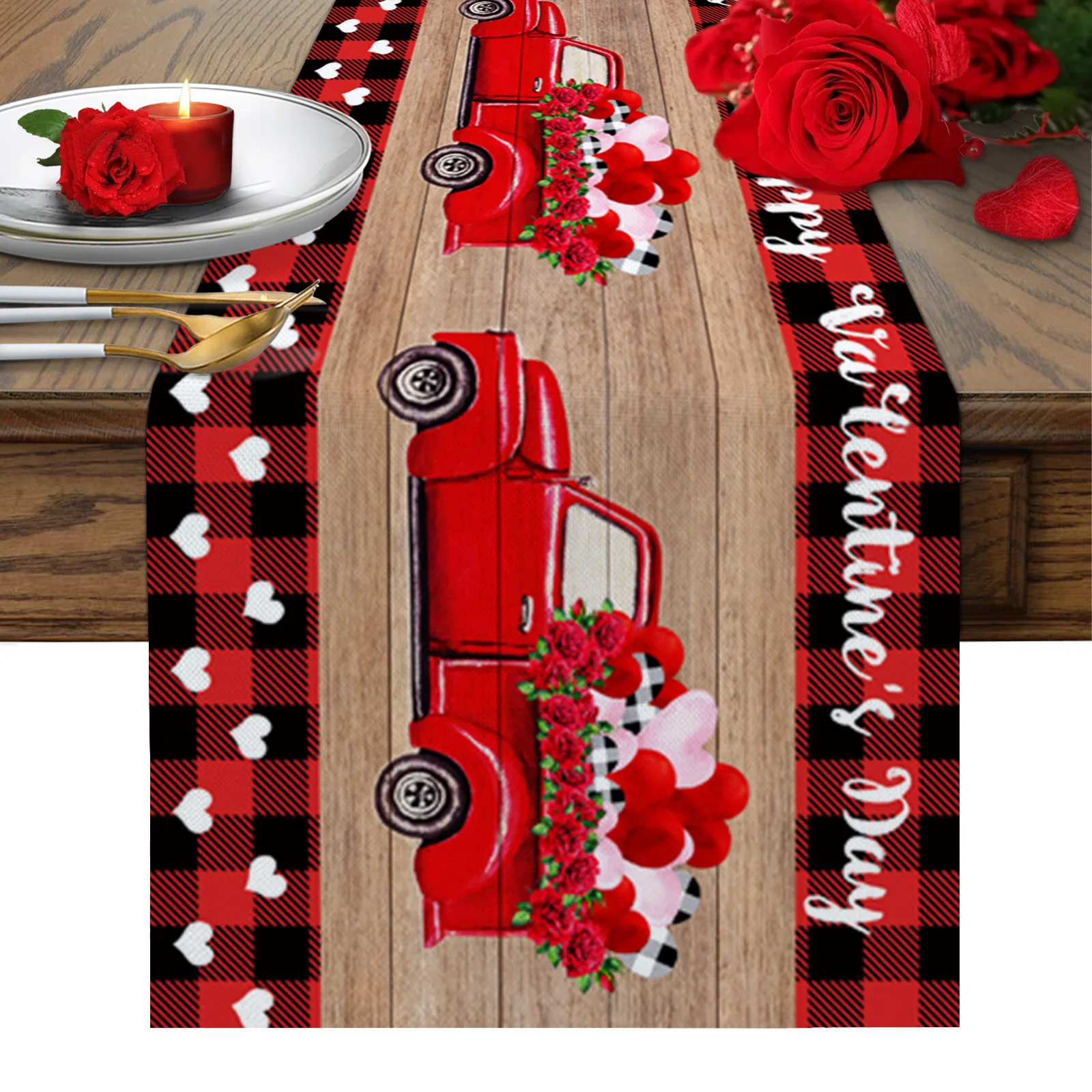 

День Святого Валентина, красный грузовик, розы, Винтажная настольная дорожка из зернистой древесины, искусственный декор, Настольная Облож...
