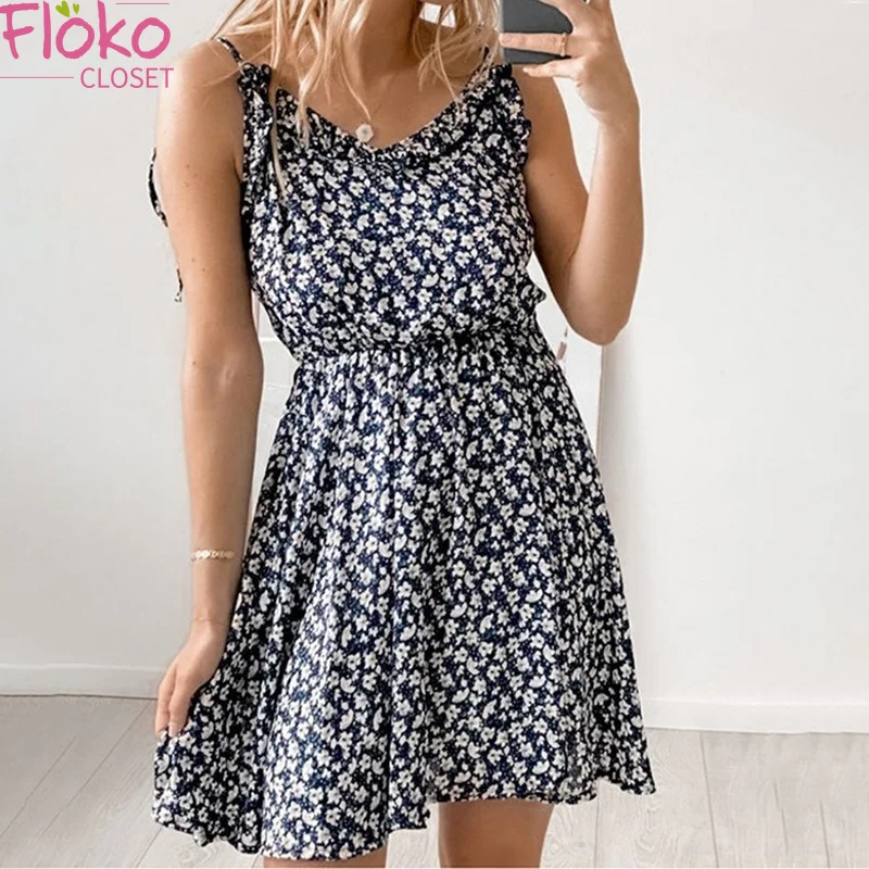 

Винтажный пляжный мини-сарафан Flokocloset на бретелях-спагетти с принтом, с V-образным вырезом, открытой спиной и коротким рукавом