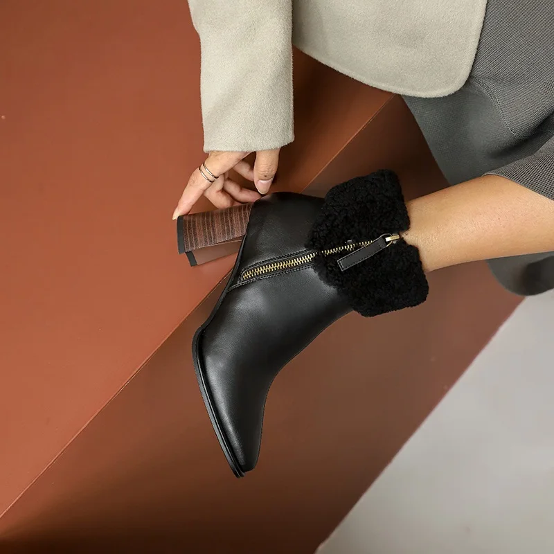 

Office Lady Genuine Leather Women Ankle Boots New Autumn Winter Fashion Elegant Zipper Shoes Woman Thick Heels Short Boots 34-43