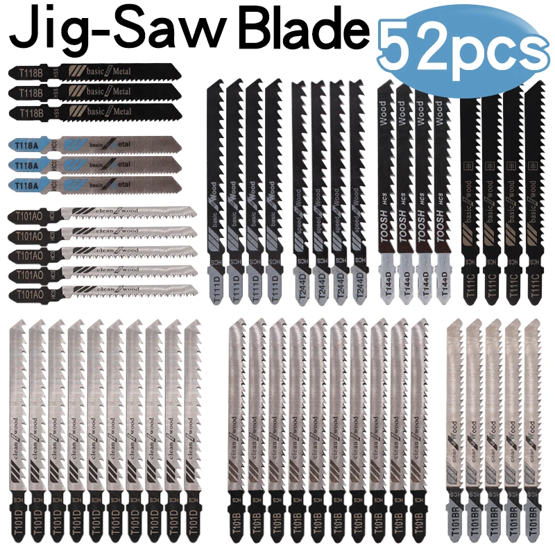 

52Pcs Jig Saw Jigsaw Blades Set Metal Wood Assorted Blades T-Shank T118A/T118B/T144D/T111C/T111D/T244D For Bosch Dewalt Makita.