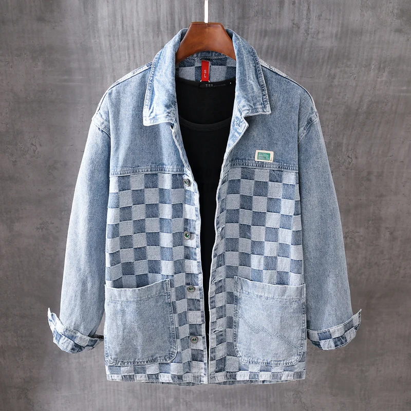 

British Style Fashion Men Jackets Retro Vintage Blue Spliced Designer Plaid Denim Jacket Men Streetwear Hip Hop Cotton Coats