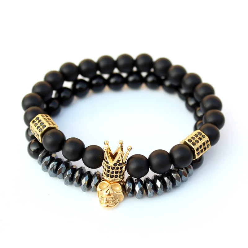 men accessories Матовые бусины оксин камень череп браслет набор Корона Мужские аксессуары Erkek Bileklik ювелирные изделия мужские браслеты для женщин Pulseras Mujer - Окраска металла: men accessories