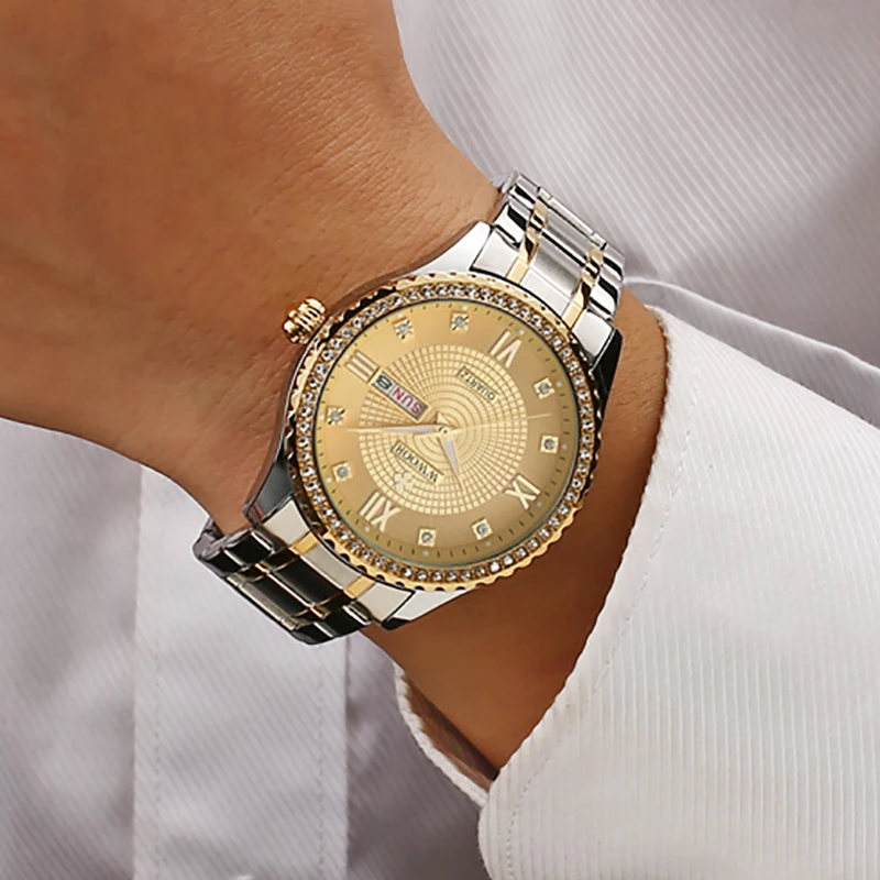 

WWOOR Gold Stainless Steel Men Watch Luxury Business Luminous Diamond Quartz Watch Waterproof Date Clock Wristwatch Reloj Hombre