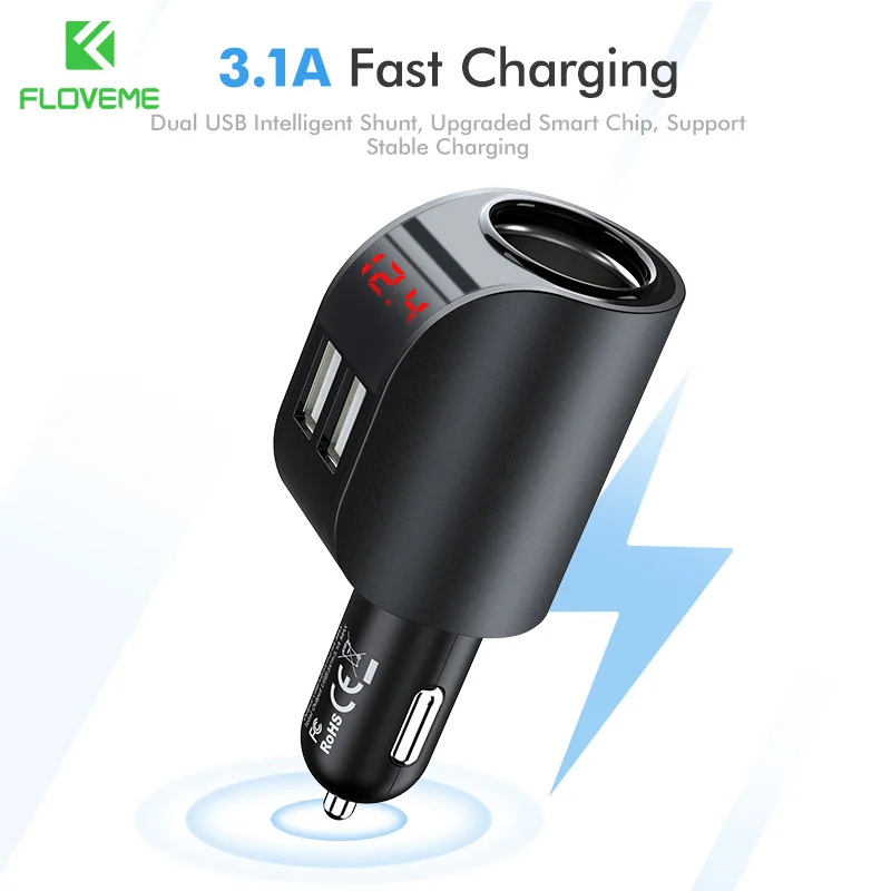 Автомобильное зарядное устройство Floveme с двумя USB портами и цифровым