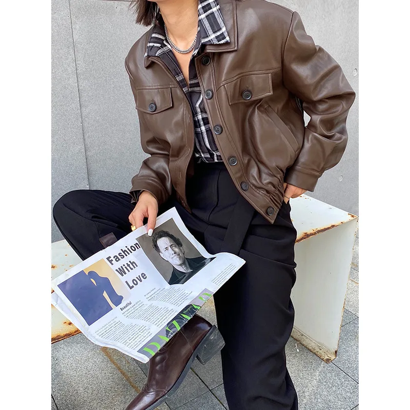 

Women's Clothing Korean PU Leather Jacket for Women's Leisure and Versatile Elastic Waist Solid Short Lapel Leather Jacket Coats