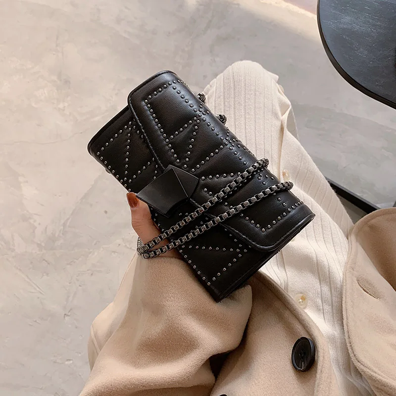 

Top Quality Chains Belt Flap Crossbody Bags for Women Silver Rivet Brand Shoulder Bag Fashion Trend Design Shoulder Women's Bag