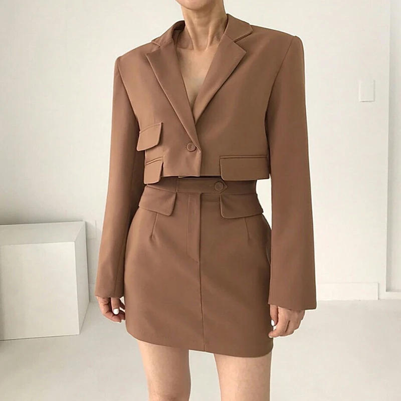 

Vintage Two Pieces Suit For Women Long Sleeve Single Button Crop Blazer Outwear Top + Mini A Line Skirt Lady Streetwear Suit Set