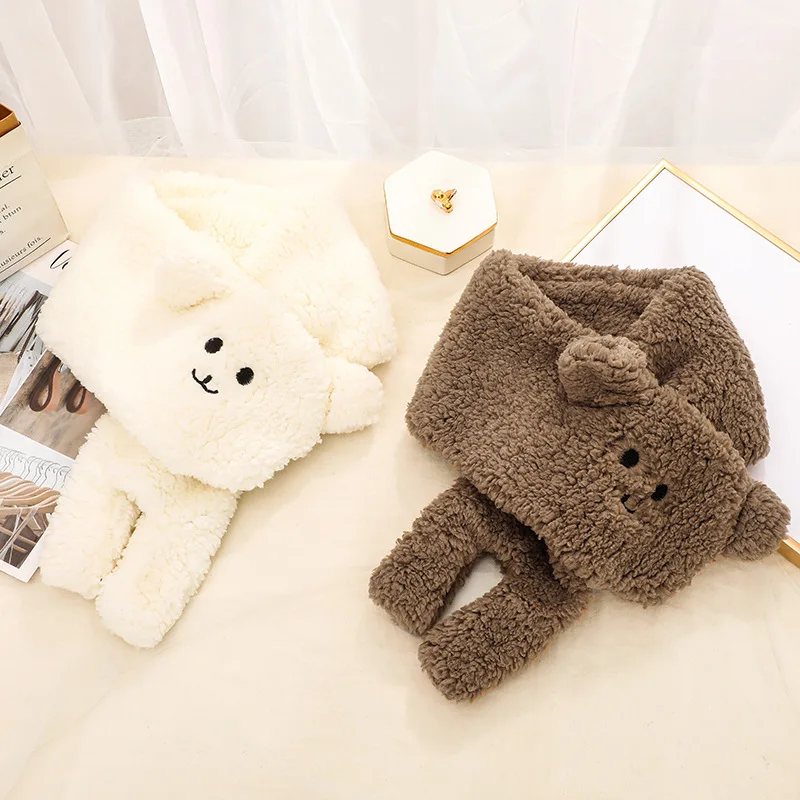 

Korean Unisex Cartoon Cute Bear Lamb Fur Plush Soft Thick Warm Cross Scarf Winter Girl Neck Guard Decorative Fake Collar Bib F98