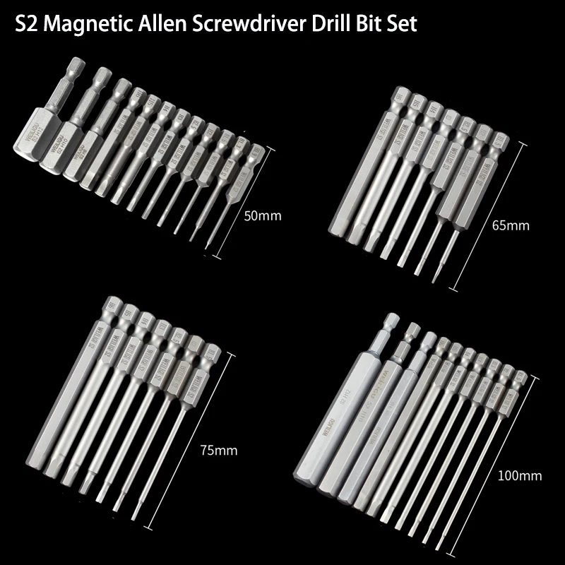 

1Set 1/4" Hex Head S2 Magnetic Allen Screwdriver Drill Bit Set Lenght 50/65/75/100/150/200/300mm Metric H0.9-H12 Allen Bit Set