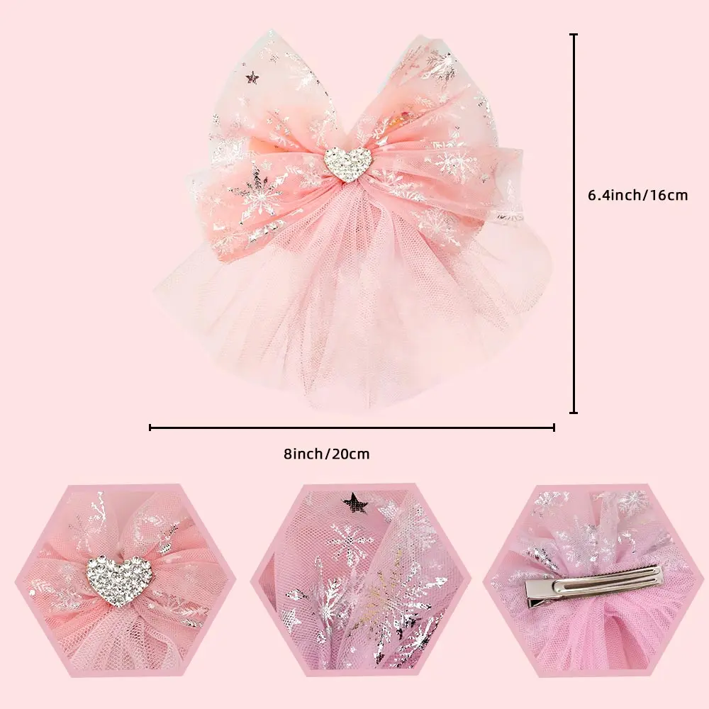 

Cheer Bow 1PC Cute Mesh Bows for Baby Girls Snowflake Print Diamond Heart Children Hair Clips Lovely Princess Hair Accessories
