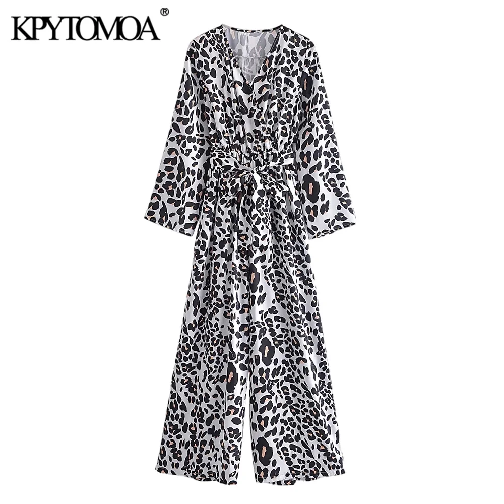 

KPYTOMOA Women Fashion With Belt Leopard Print Jumpsuits Vintage Long Sleeve Elastic Waist Female Playsuits Mujer