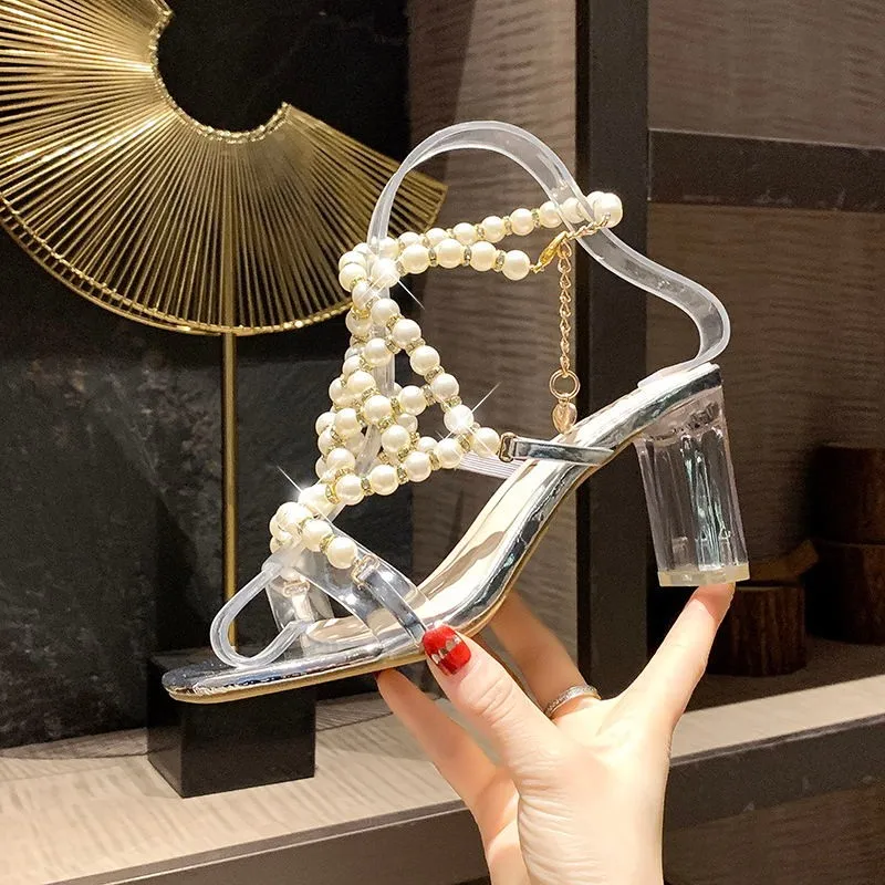 

2021 New Pearl Decoration High Heel Women Sandals Fashion Shoes Lightweight Non-slip Women's Summer Designer Outdoor Sandals