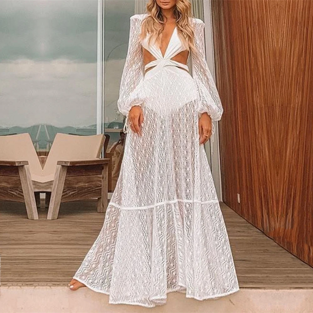

Summer White Retro Floral Print Bikini Cover-ups Sexy Cross Open Back Long Sleeve Dress Women Beach Wear Swim Suit Cover Up
