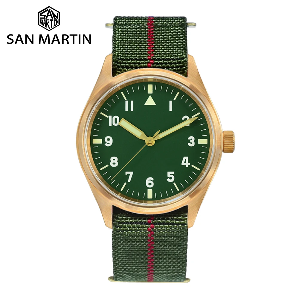Мужские механические часы в стиле милитари San Martin Pilot из бронзы с нейлоновым