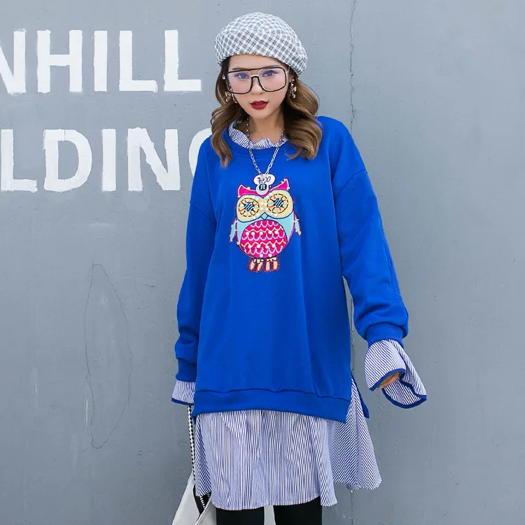 QING MO Женская толстовка с принтом совы синяя женская в полоску из кусков бисером
