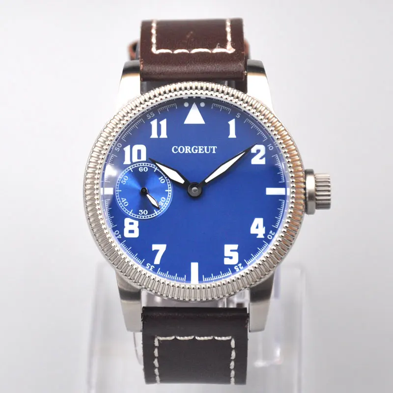 

Corgeut Hand Winding 45mm Mens Watch Blue Dial Luminous Green 6497 WristWatches 3600 Fashion Waterproof 316LSS Case