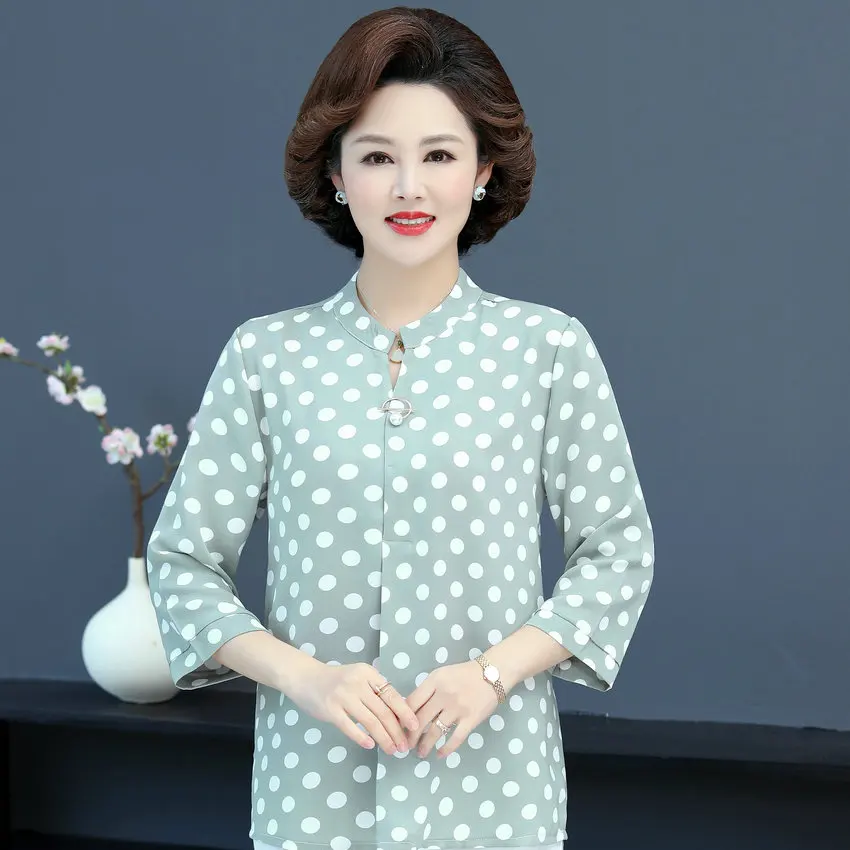 

Pink Blue Green Polka Dot Blouses Women Smart Casual Three Quater Sleeve Mandarin Collar Design Top Office Lady Wear