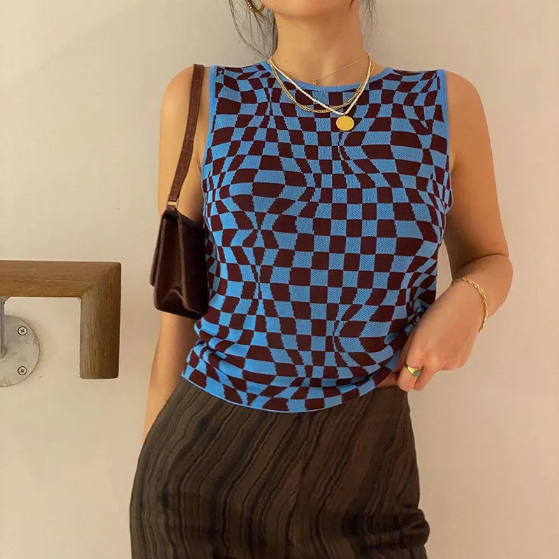 

Plaid Printed Women's Tank Tops Summer Harajuku Slim Sleeveless Checked Crop Top Y2k Knitting Streetwear Aesthetic Crop Tee 2021