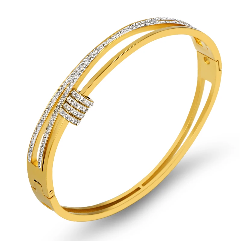 

Summer New Fashion Double Layer Cross CZ crystal Bracelets Bangles Trendy Stainless Steel Cuff Bangle For Men Women Jewelry Gift