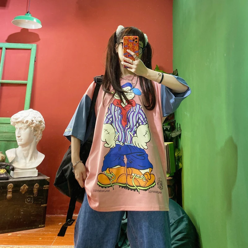 

Новинка лета 2020, стильная свободная футболка Yuansu для студентов колледжа с рисунком девушки из мультфильма, футболка с коротким рукавом для ...