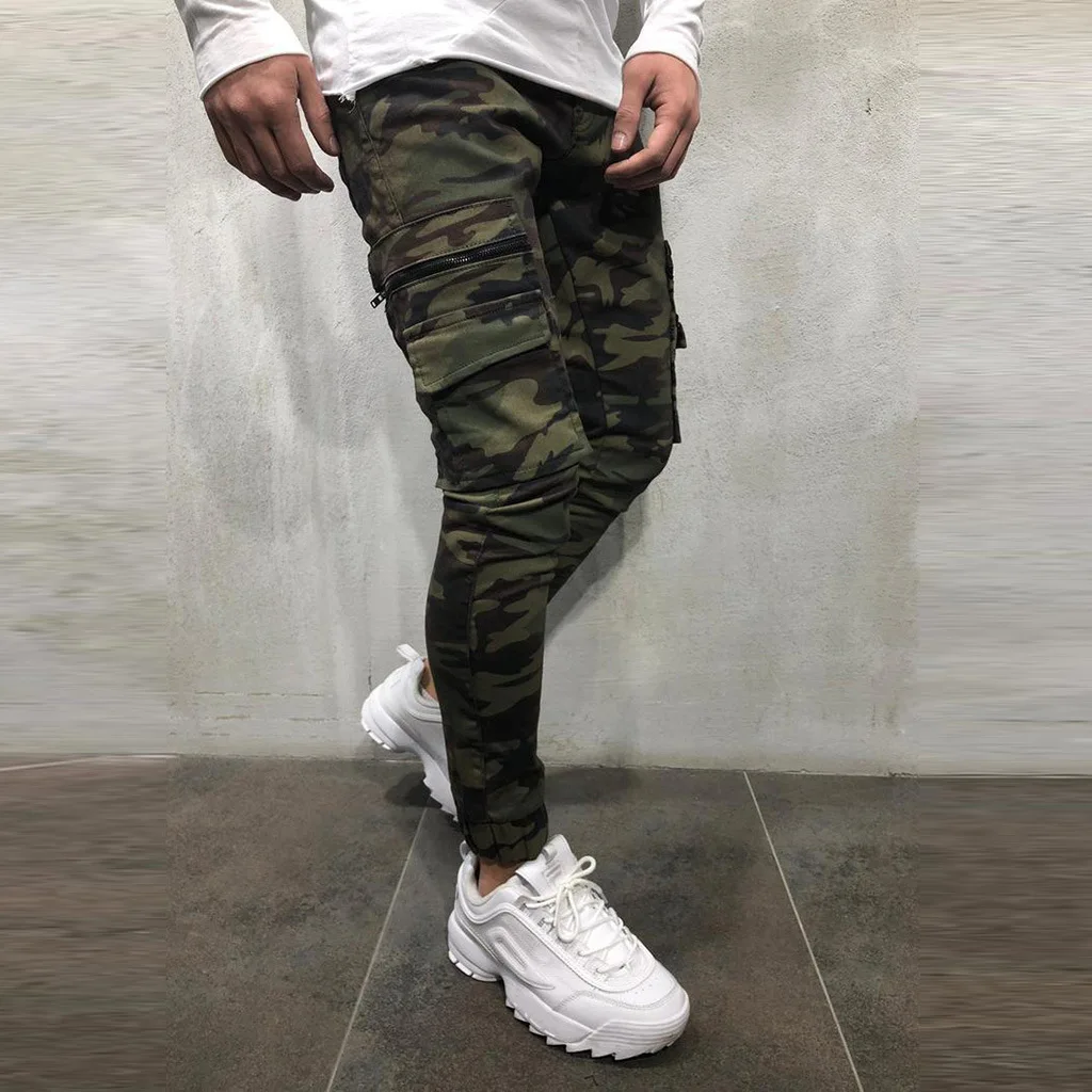 

New camouflage overalls Multi Pocket men's small foot elastic slim fashion jeans trend