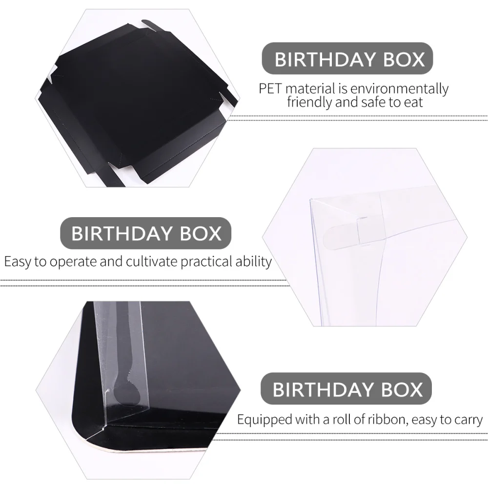 

5PCS Transparent Cake Gift Box Birthday Party Packing Case Black Paper Cover