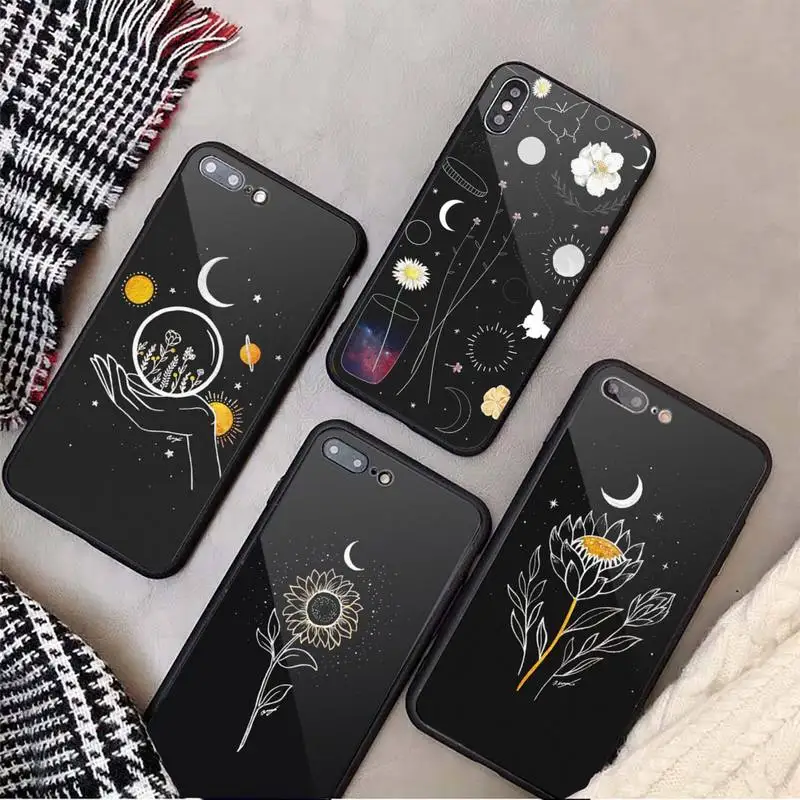 

Moon art painting flower Phone Case Tempered glass For iphone 6 7 8 plus X XS XR 11 12 13 PRO MAX mini