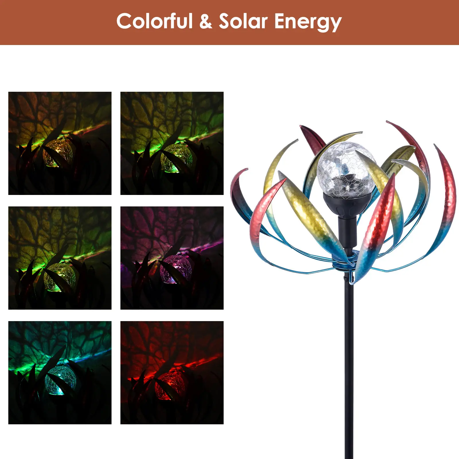 spesifikasi Taman Surya Angin Pemintal Kincir Angin Dengan Multi-warna LED Cahaya Malam Untuk Halaman Rumput DIY Perakitan Saham Dekoratif