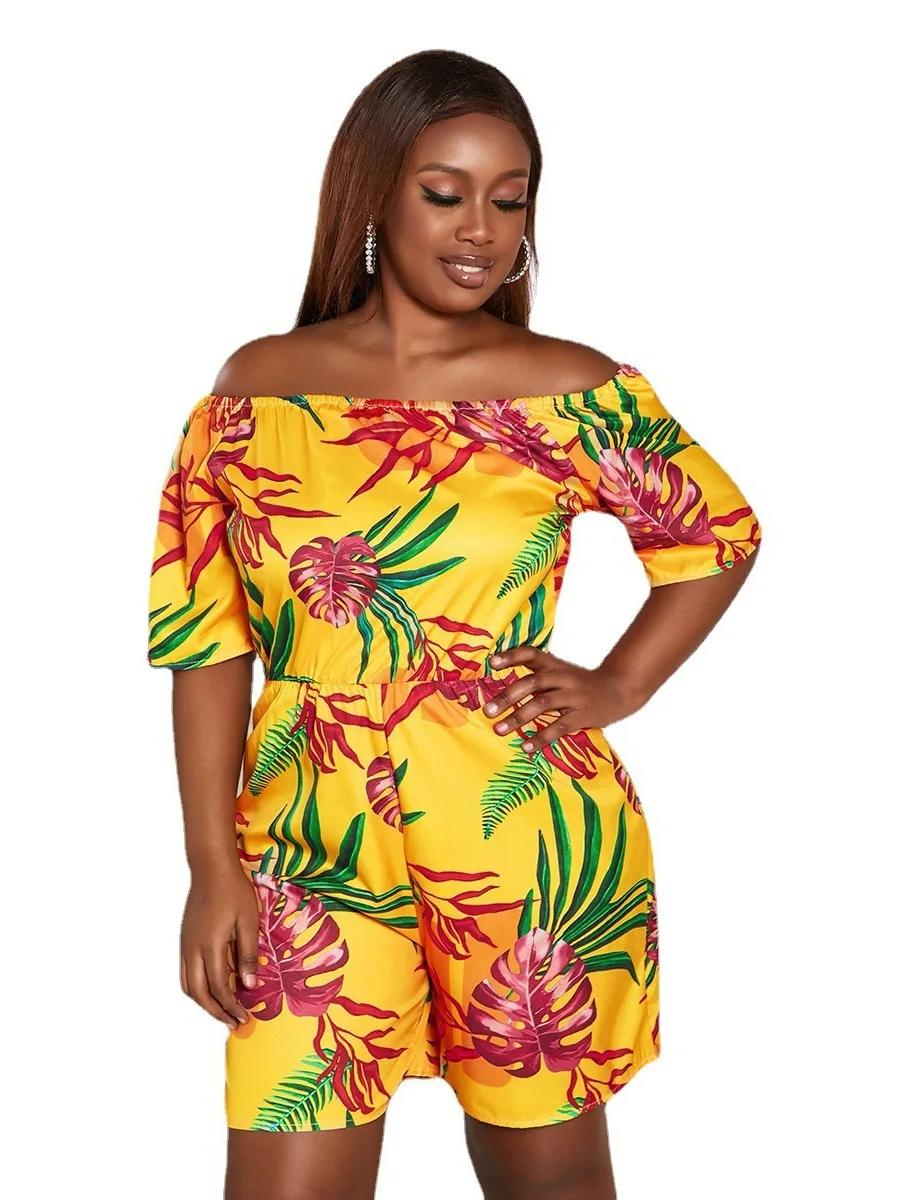 

NEW Leaf Printing Women Plus Size Slash Neck Short Jumpsuits 2021 Summer Short Sleeve High Waist Casual Rompers New Arrivals