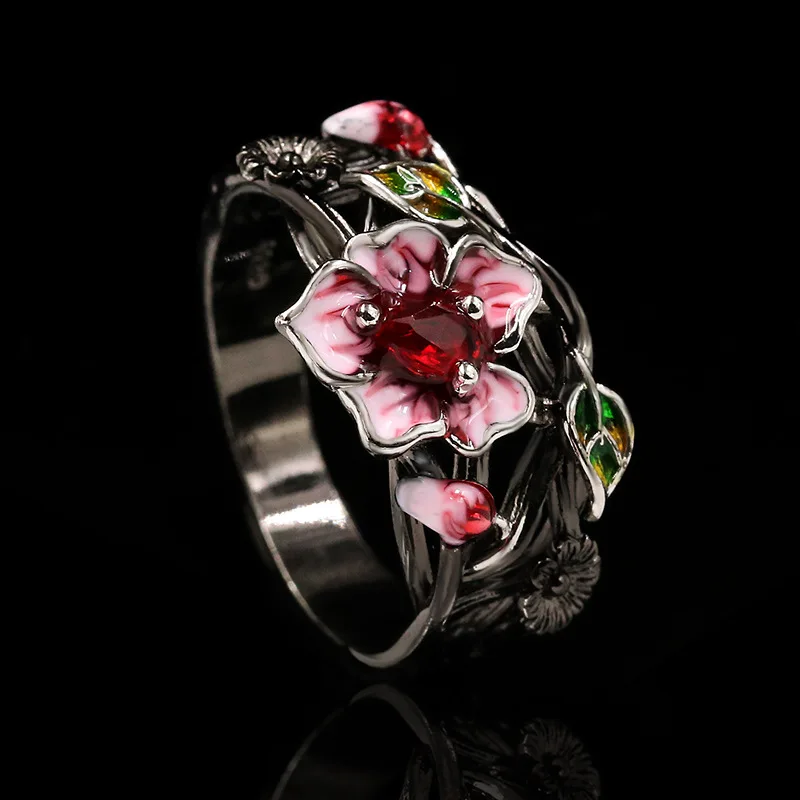 

Hot Sale Gothic Style Black Gold Plated Two-Tone Flower Ring For Women Wedding Engagement Party Jewelry Gift