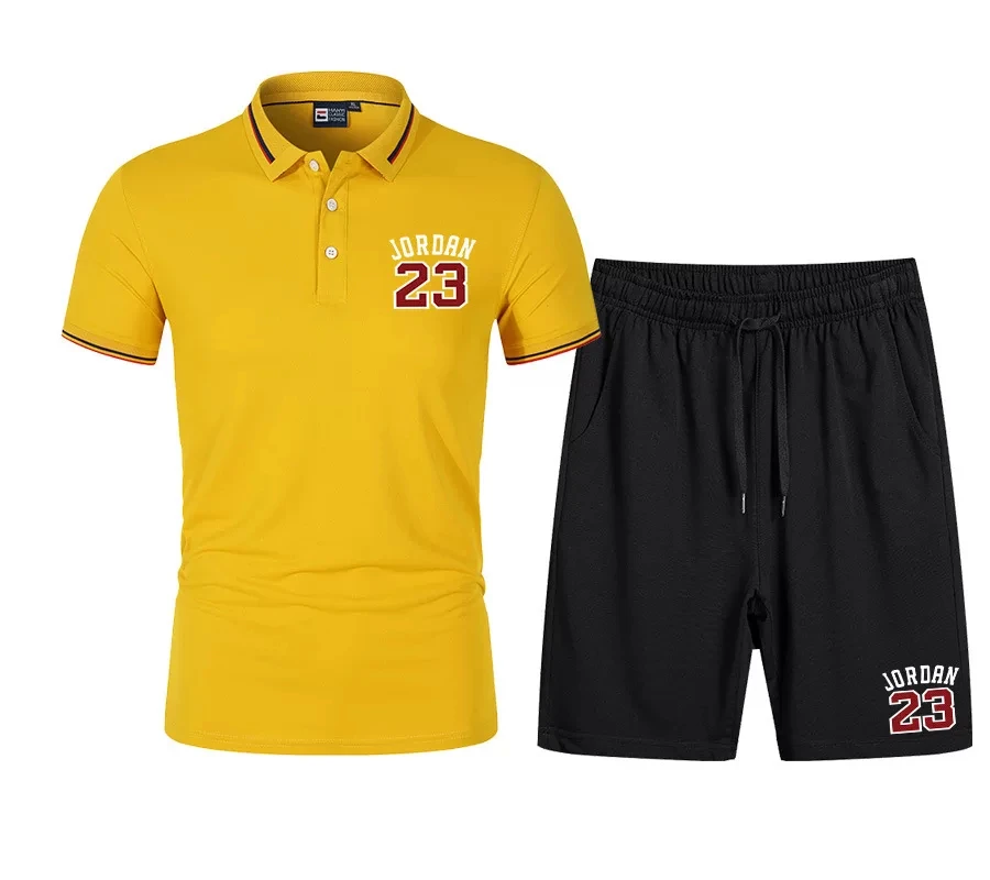 

Men's Polo Shirt Set Summer New Loose Short Sleeve T-shirt + Shorts Two-piece British Style Cotton Men's Shirt Office