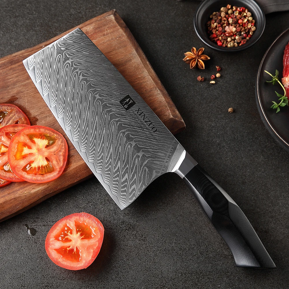 

XINZUO 7.3 in Slicing Knife VG10 Damascus Steel Kitchen Knife Butcher's Knives High Quality Black G10 Mosaic Brass Rivet Handle