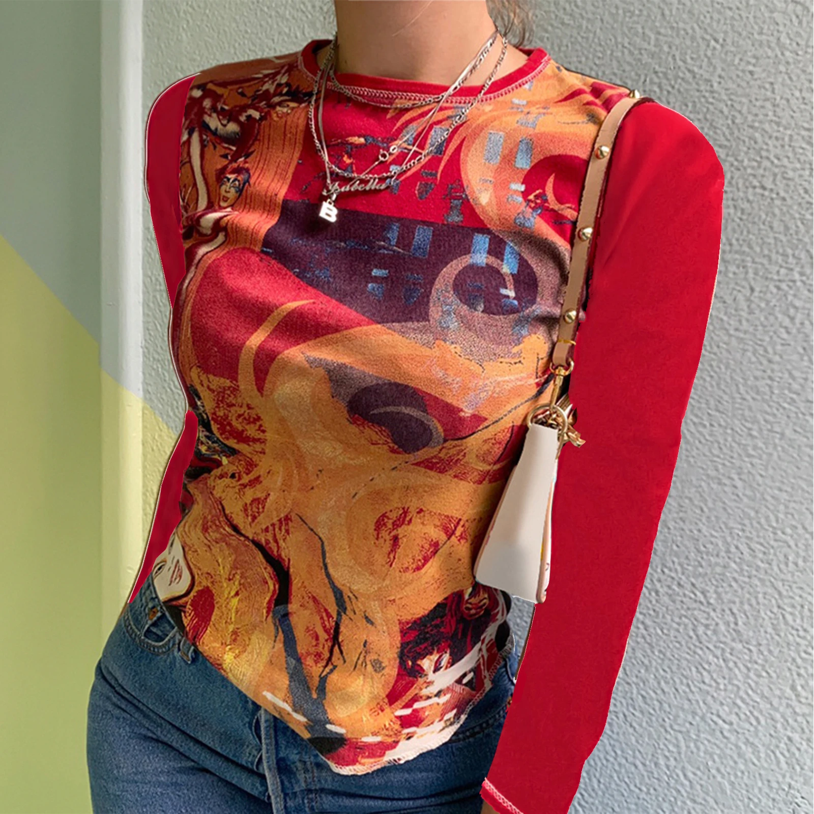 

Ladies Round Collar T-shirt Spring Autumn Women Leisure Style Abstract Printing Long Sleeve Tops Slim Base T-Shirt