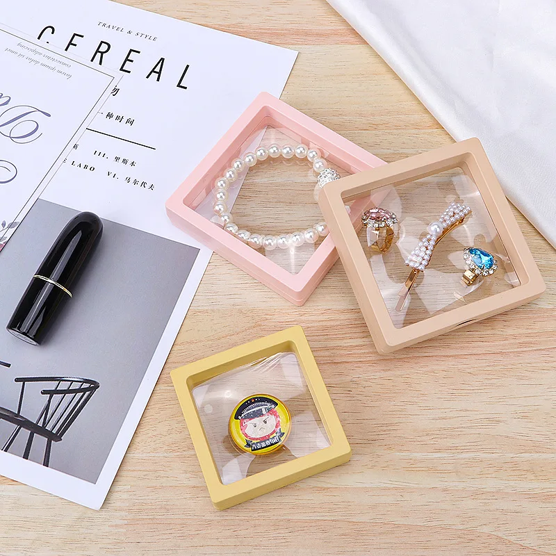 3d Color Floating Display Case Stands PE Film Holder Dustproof Storage Pendant Necklace Bracelet Ring Coin Jewelry Earrings Pin