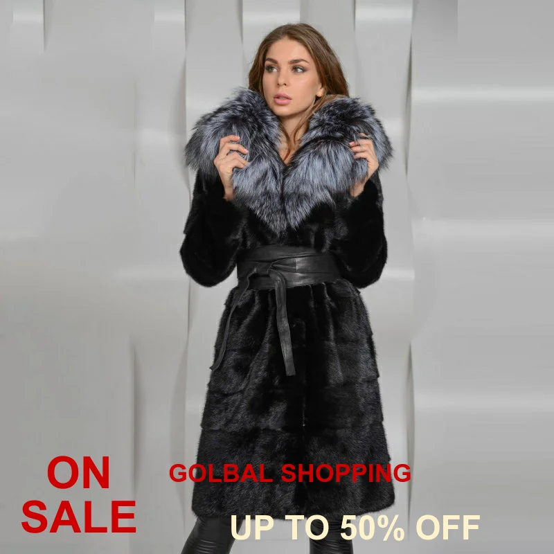 Женская шуба из натурального меха норки с воротником серебристого лисьего