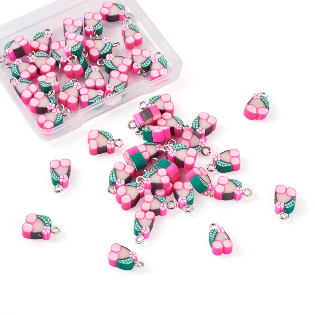 

50pcs/Box Handmade Polymer Clay Cherry Charms Pendants Hot Pink For DIY Earring Necklace Keychai Jewelry Making Accessories