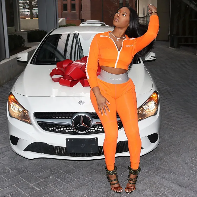 

Women Fitness Letter Embroidery 2 Two Piece Matching Set Causal Street Zipper Top Jacket+High Waist Pant Jogger Workout Outfits