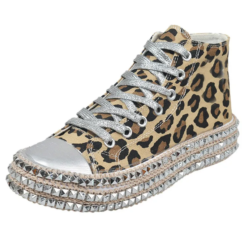 

2020 New Casual Shoes Women Lace-Up High-Top Shoes Female Sneakers Leopard Hemp Rope Women's Sneakers Thick Bottom Canvas Shoes